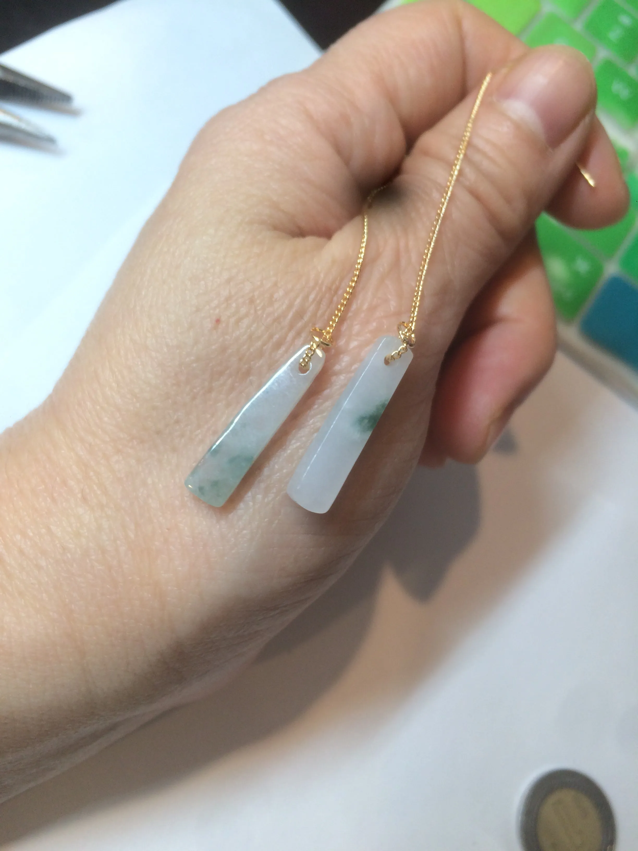 100% Natural icy watery green Misty rain (烟雨江南) safe and sound dangling jadeite Jade earring C22