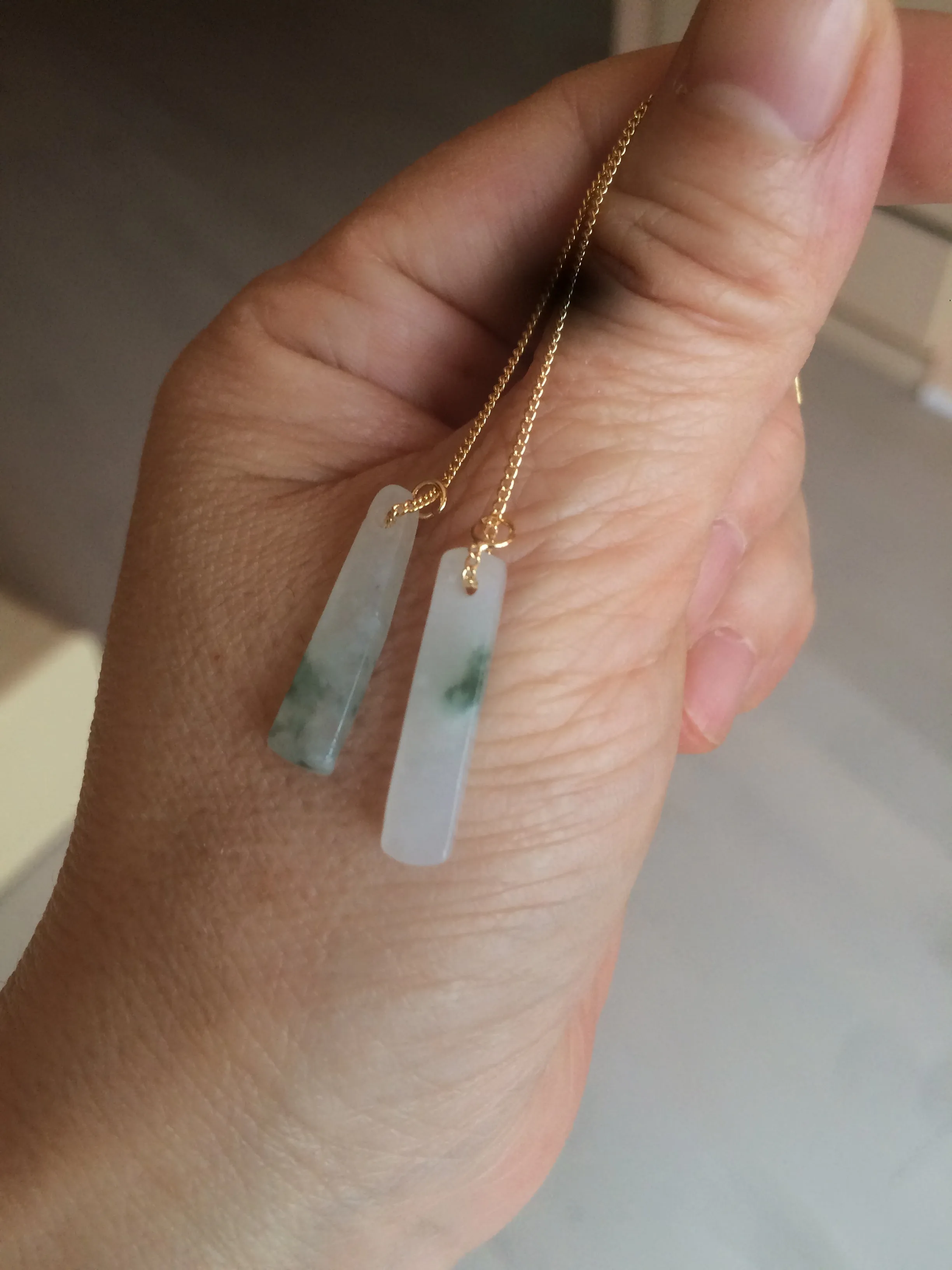 100% Natural icy watery green Misty rain (烟雨江南) safe and sound dangling jadeite Jade earring C22