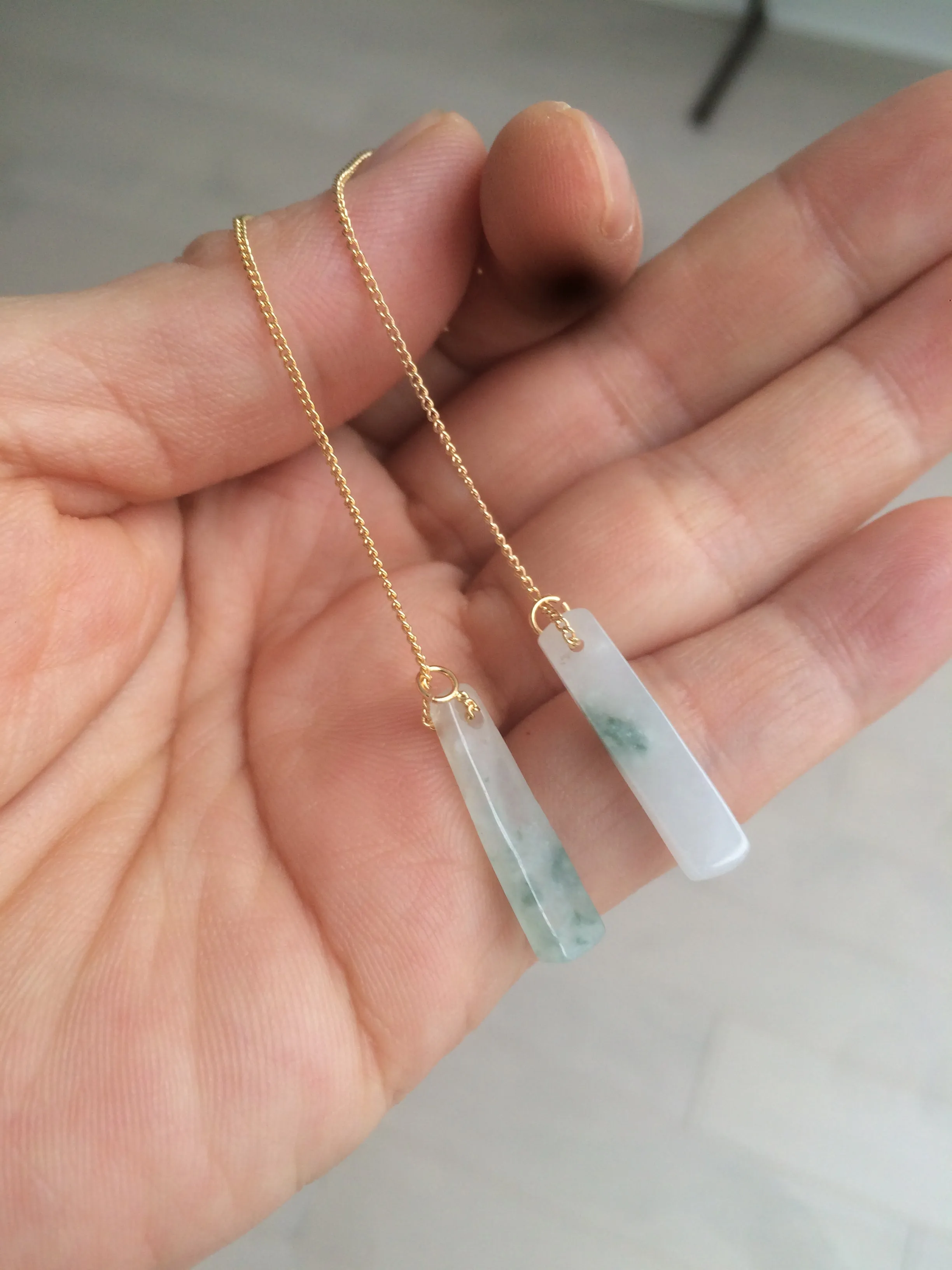 100% Natural icy watery green Misty rain (烟雨江南) safe and sound dangling jadeite Jade earring C22