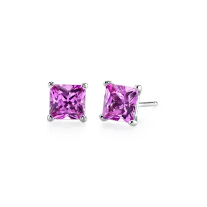 10k White Gold Plated 1 Carat Princess Cut Created Pink Sapphire Stud Earrings