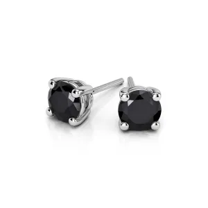 10k White Gold Plated 1 Carat Round Created Black Sapphire Stud Earrings