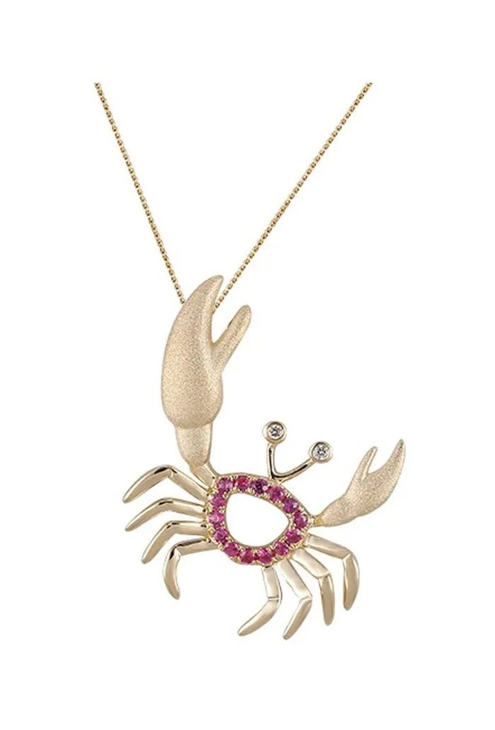 14k Crab Pendant with 2 Diamonds and 14 Hot Pink Sapphires