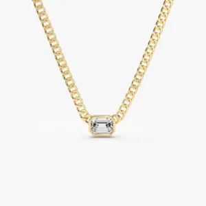 14k Gold Cuban Link Bezel Setting Emerald Cut Diamond Necklace