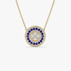 14K Gold Round Diamond Sapphire Necklace