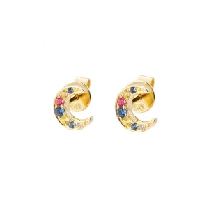 14K Solid Yellow Gold Natural Multicolored Sapphire Half-Moon Stud Earrings