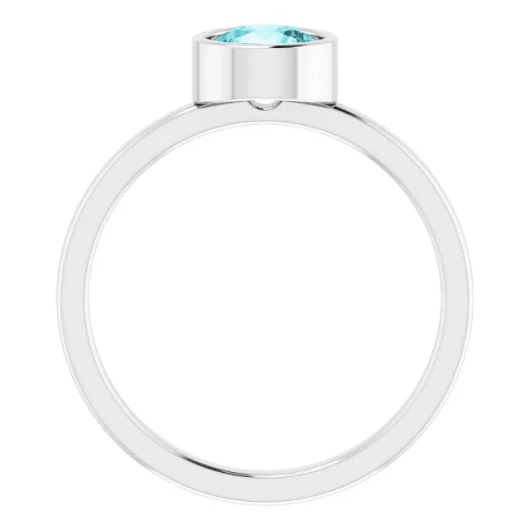 14K White 6 mm Natural Blue Zircon Ring