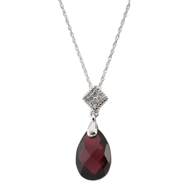 14k White Gold 12x8 Brazilian Garnet Pear & .04 CTW Diamond 18" Necklace