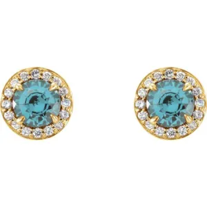 14K Yellow 4 mm Natural Aquamarine & 1/10 CTW Natural Diamond Earrings