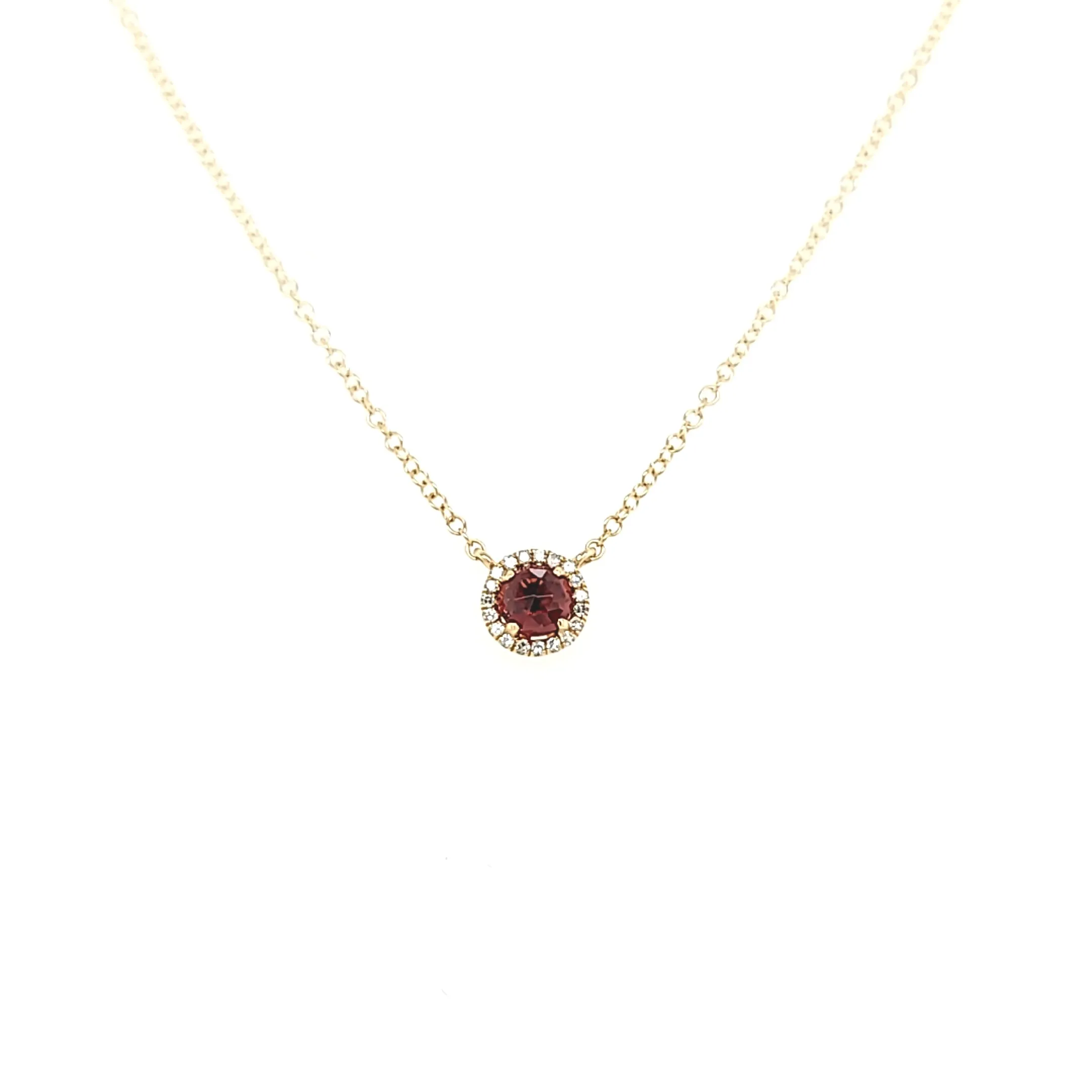 14k Yellow Gold Garnet & Diamond Halo Necklace (I6472)