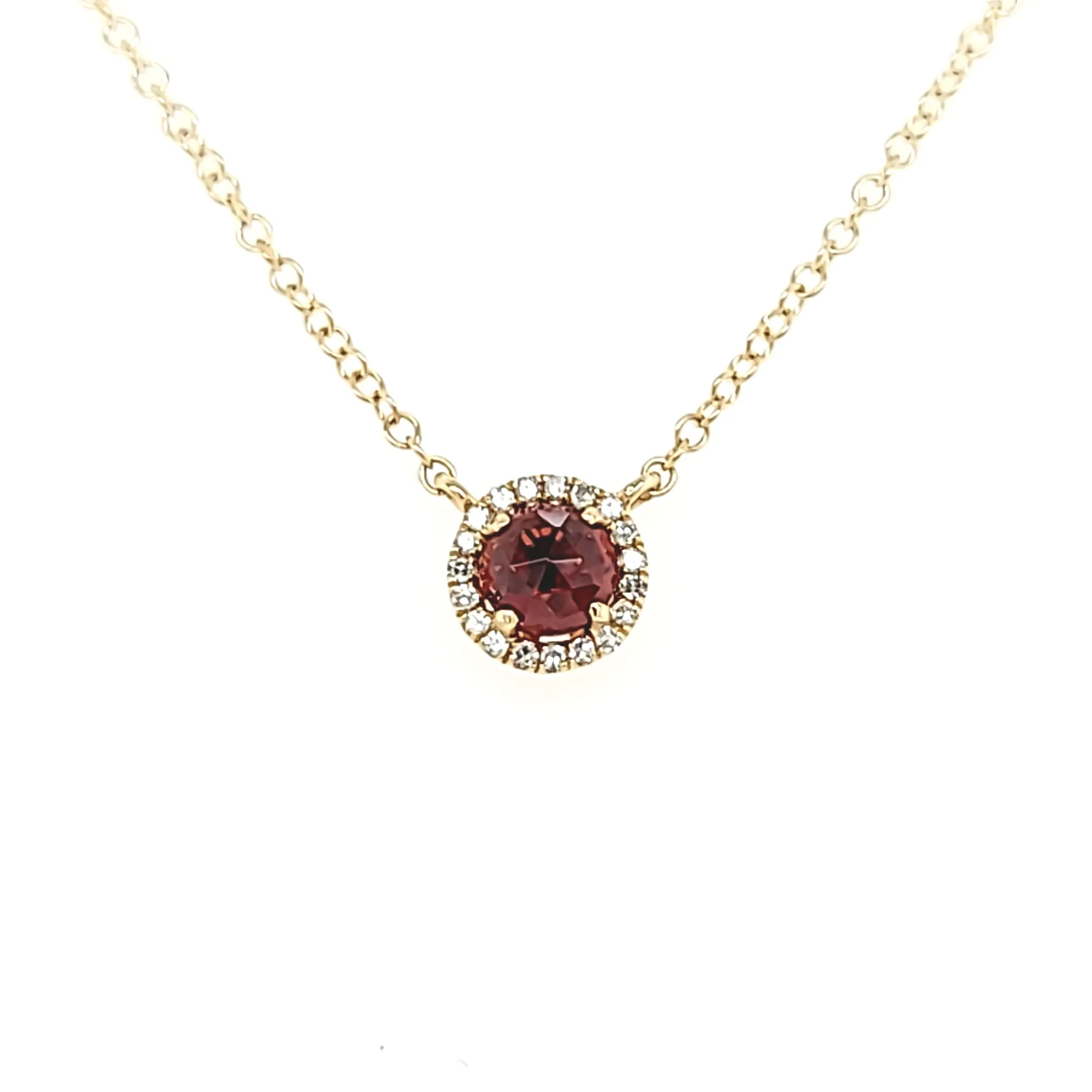 14k Yellow Gold Garnet & Diamond Halo Necklace (I6472)