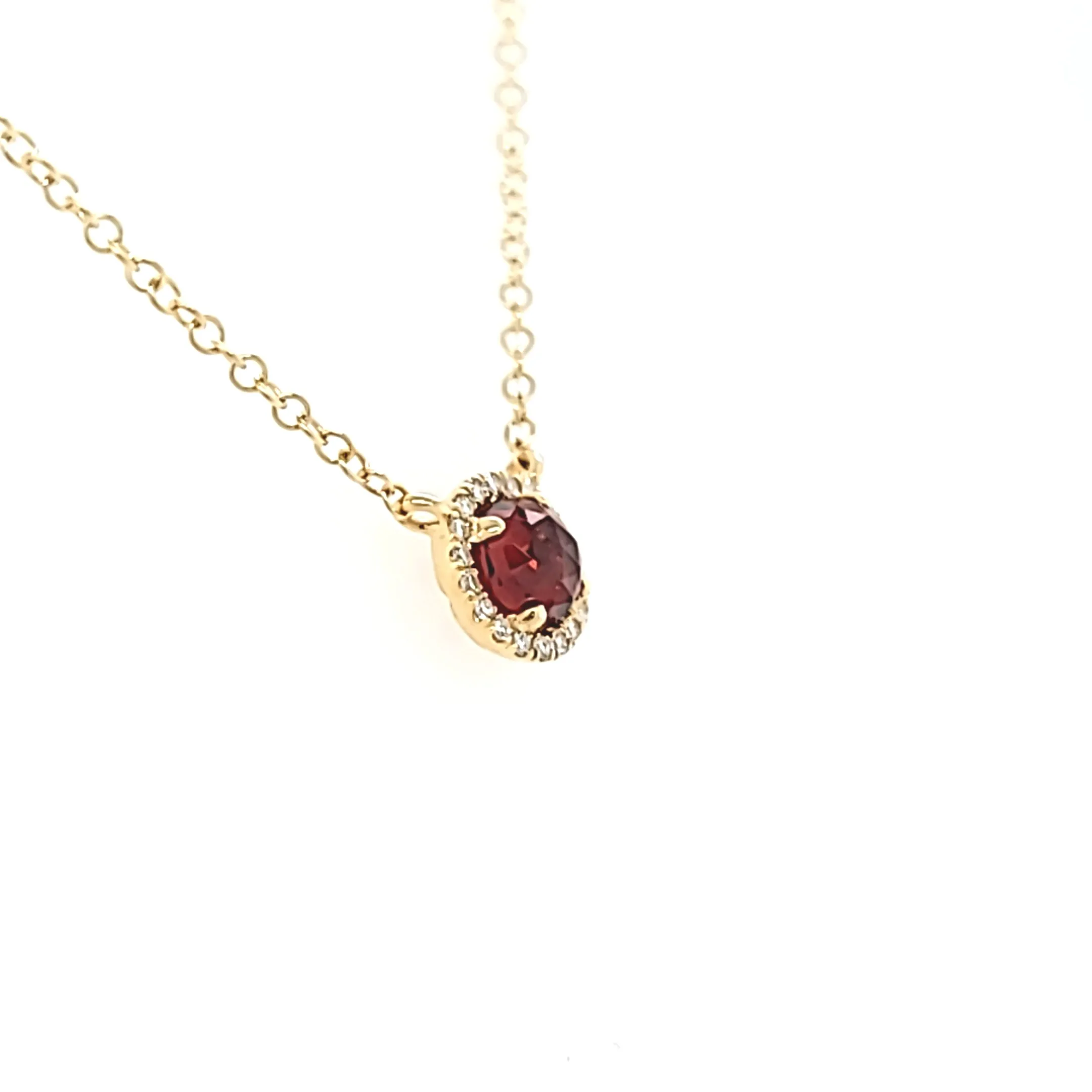 14k Yellow Gold Garnet & Diamond Halo Necklace (I6472)