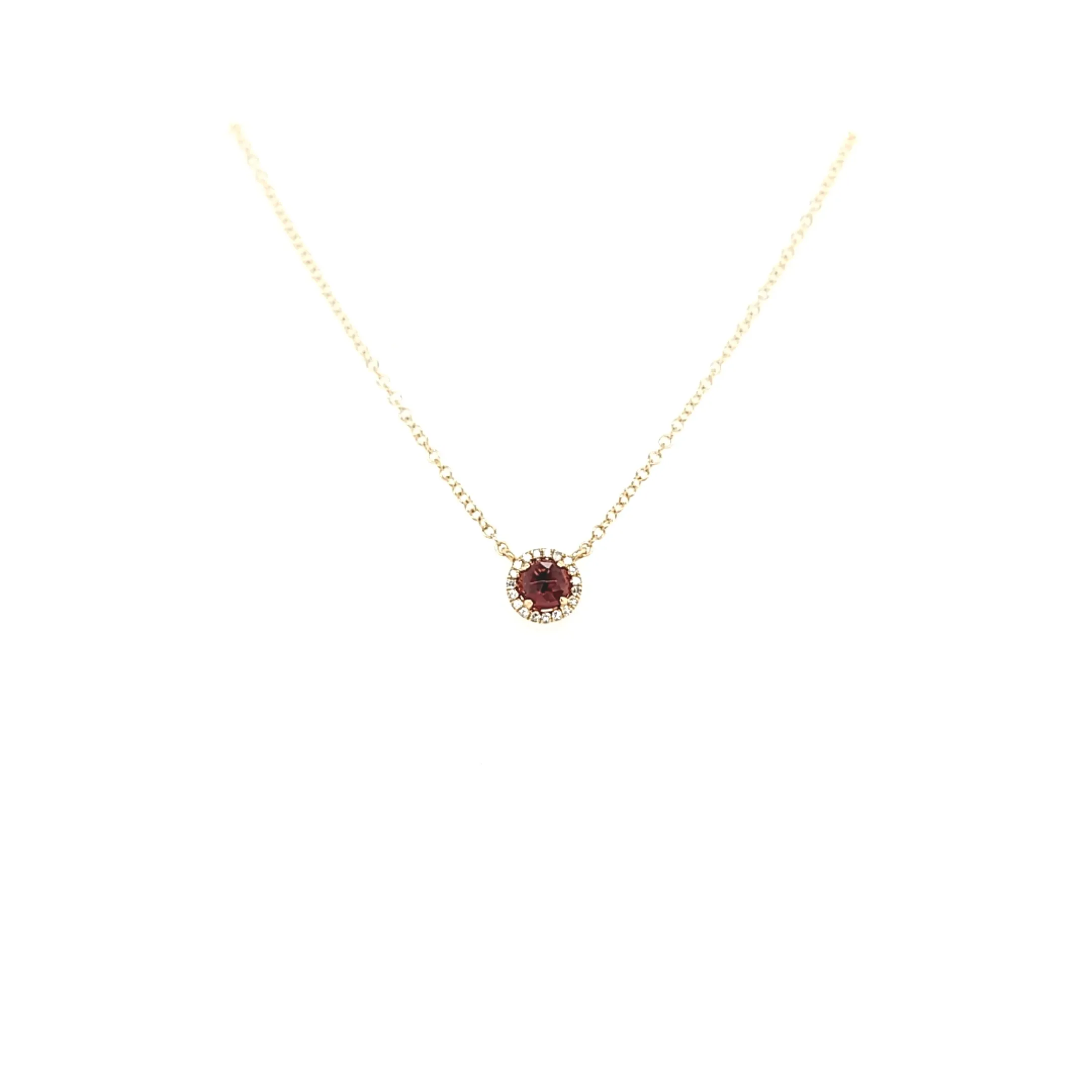 14k Yellow Gold Garnet & Diamond Halo Necklace (I6472)