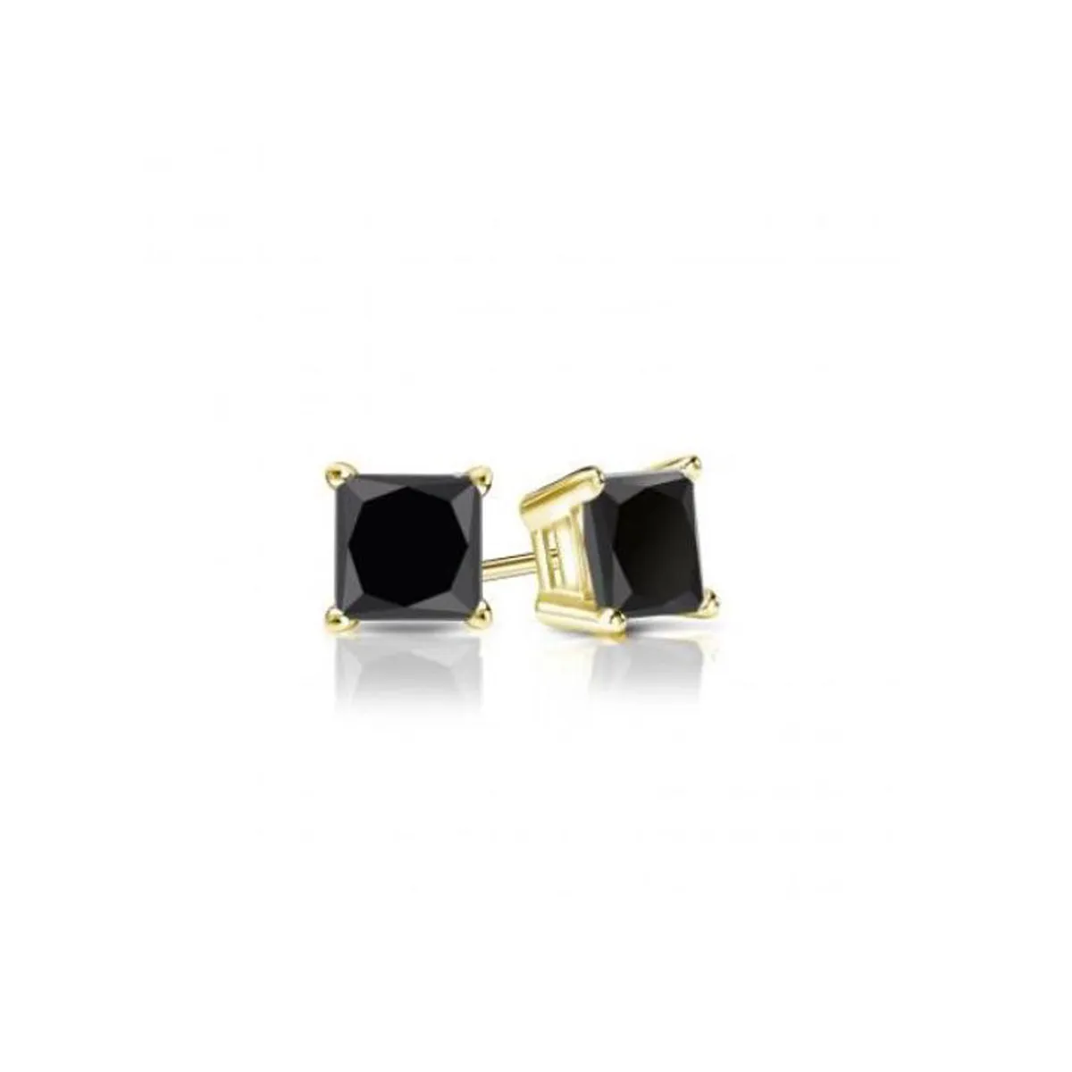 14k Yellow Gold Plated 2 Carat Princess Cut Created Black Sapphire Stud Earrings