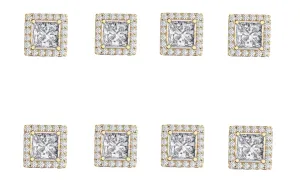 14k Yellow Gold Plated 3Ct Square Cut White Sapphire Set of Four Halo Stud Earrings