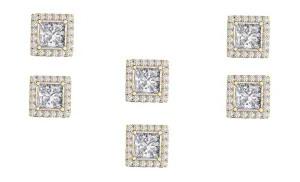 14k Yellow Gold Plated 4mm 1/2Ct Square Cut White Sapphire Set of Three Halo Stud Earrings