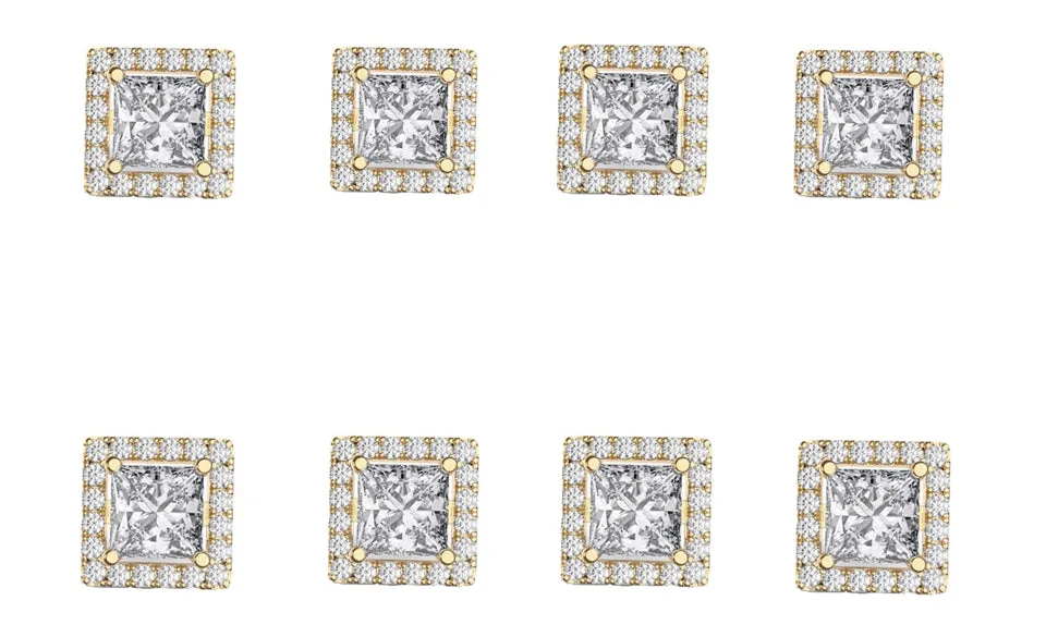 14k Yellow Gold Plated 4mm 1Ct Square Cut White Sapphire Set of Four Halo Stud Earrings