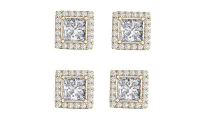 14k Yellow Gold Plated 4mm 3Ct Square Cut White Sapphire Set of Two Halo Stud Earrings