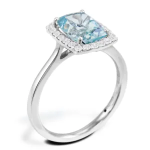 18ct White Gold 1.84ct Radiant Cut Aquamarine With 0.27ct Diamond Halo Ring