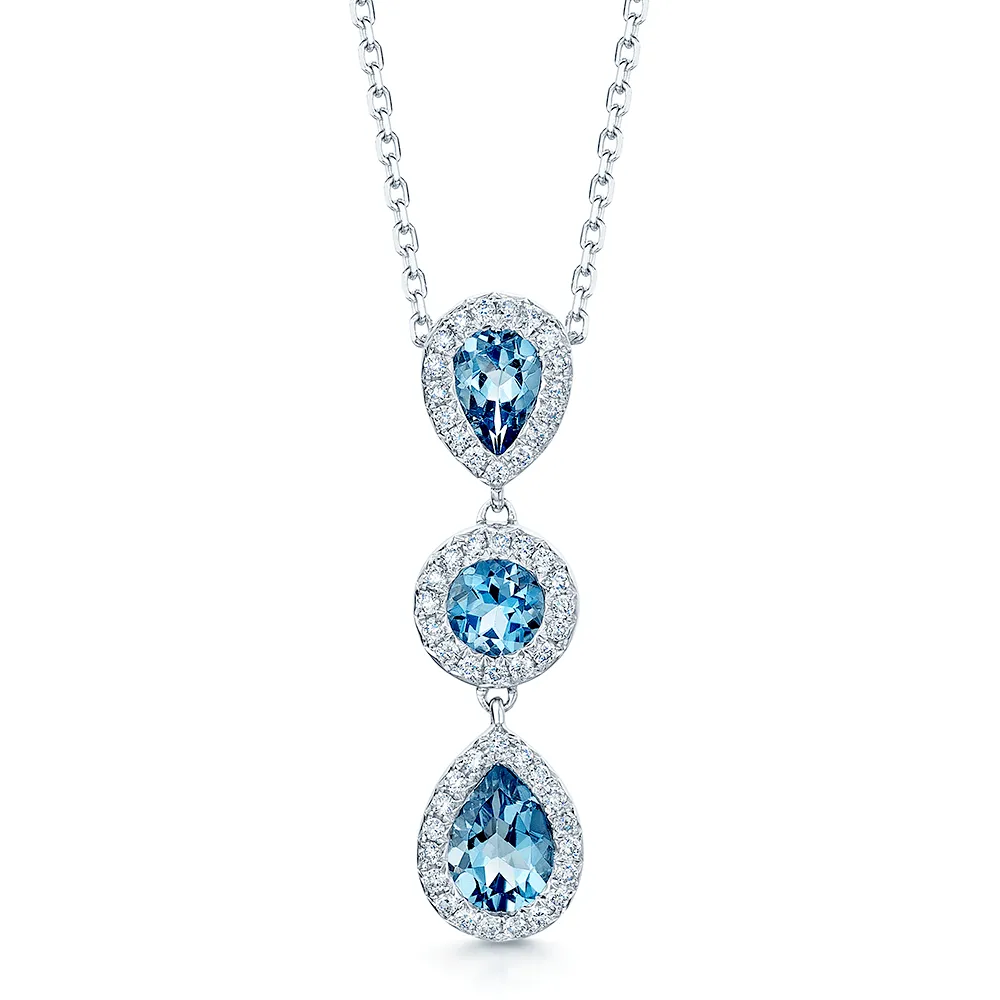 18ct White Gold Pear & Round Aquamarine & Diamond Pendant