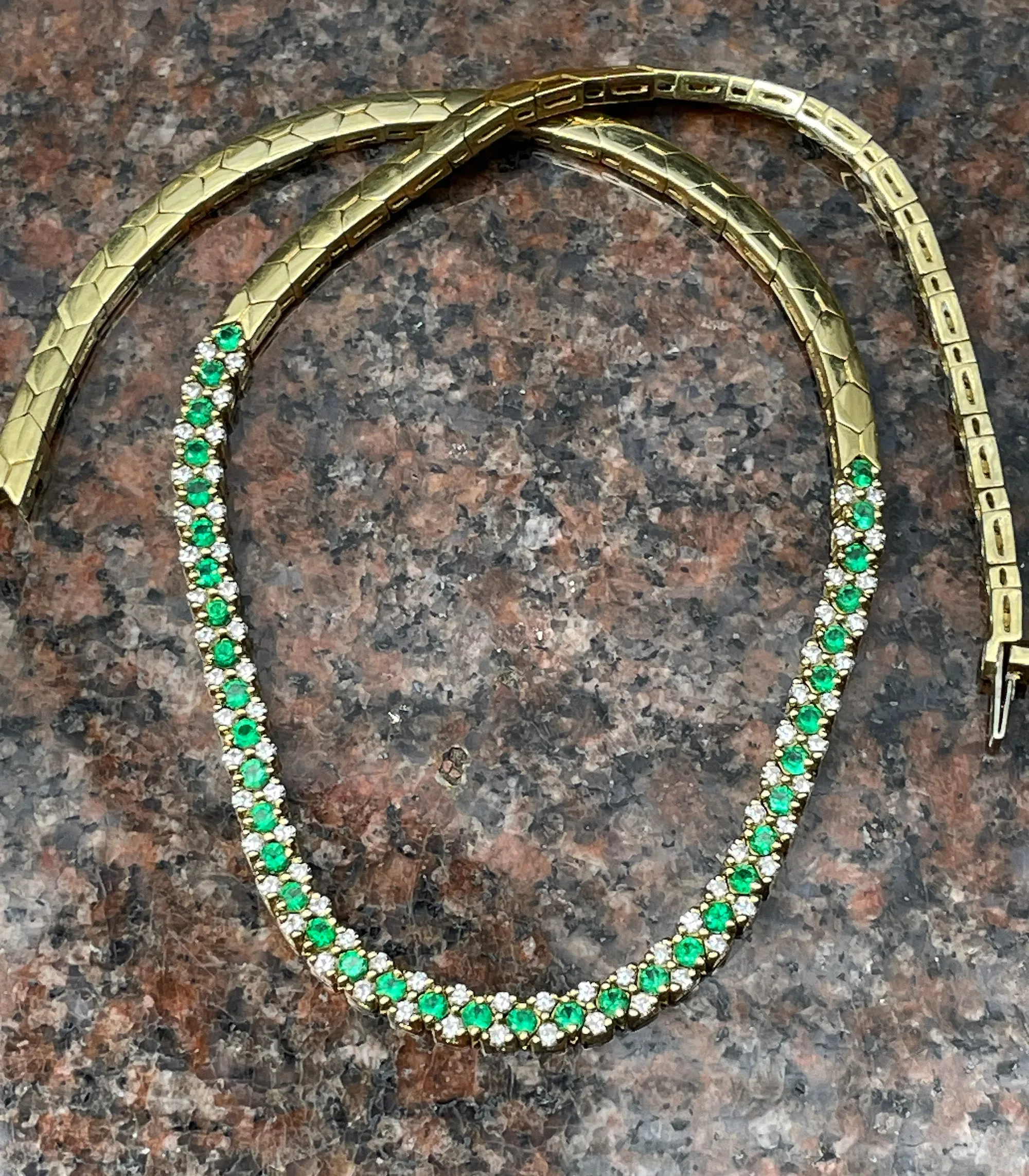 18K Gold Estate Vintage 4.43ctw Natural Emerald & Diamond Collar Necklace