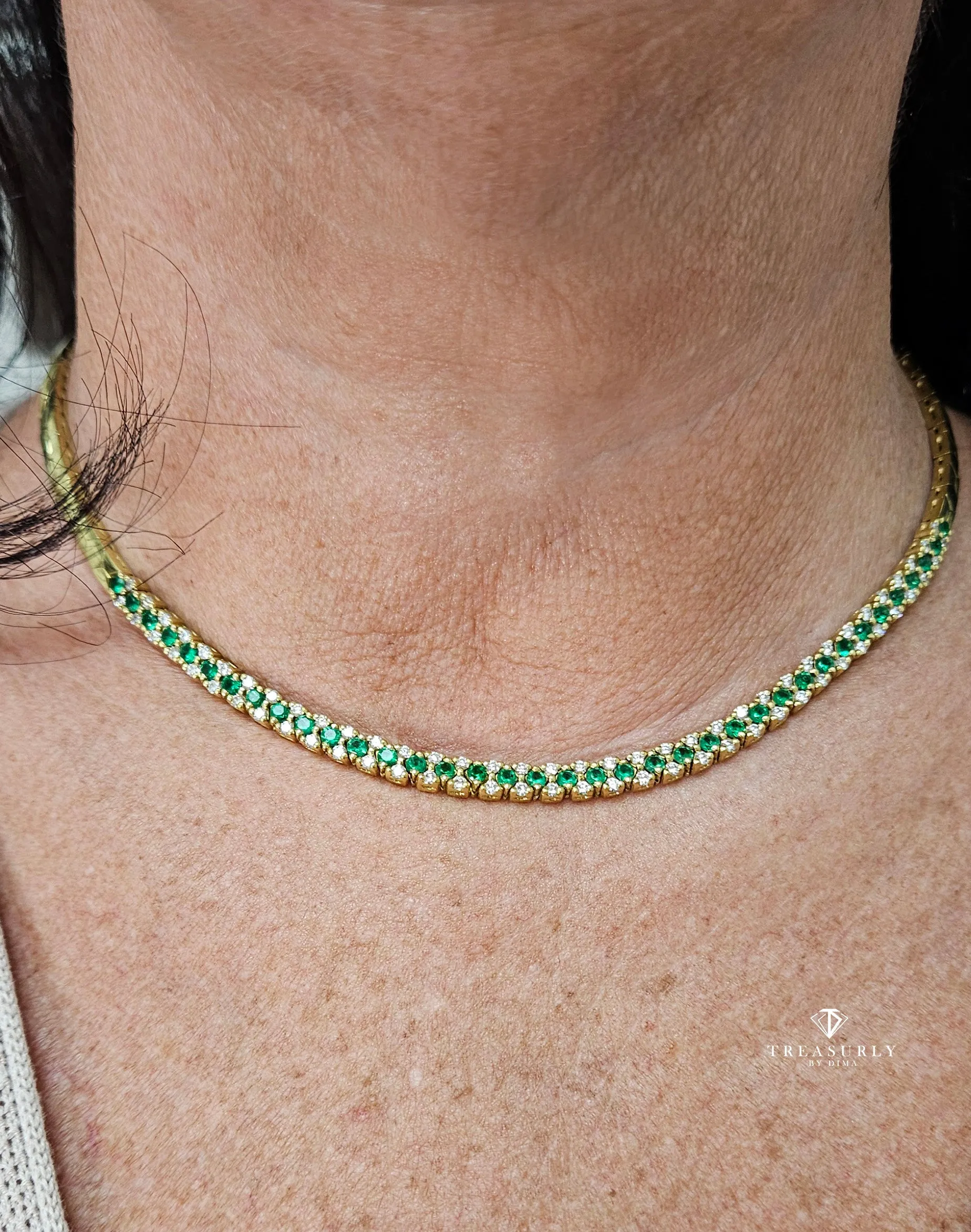 18K Gold Estate Vintage 4.43ctw Natural Emerald & Diamond Collar Necklace