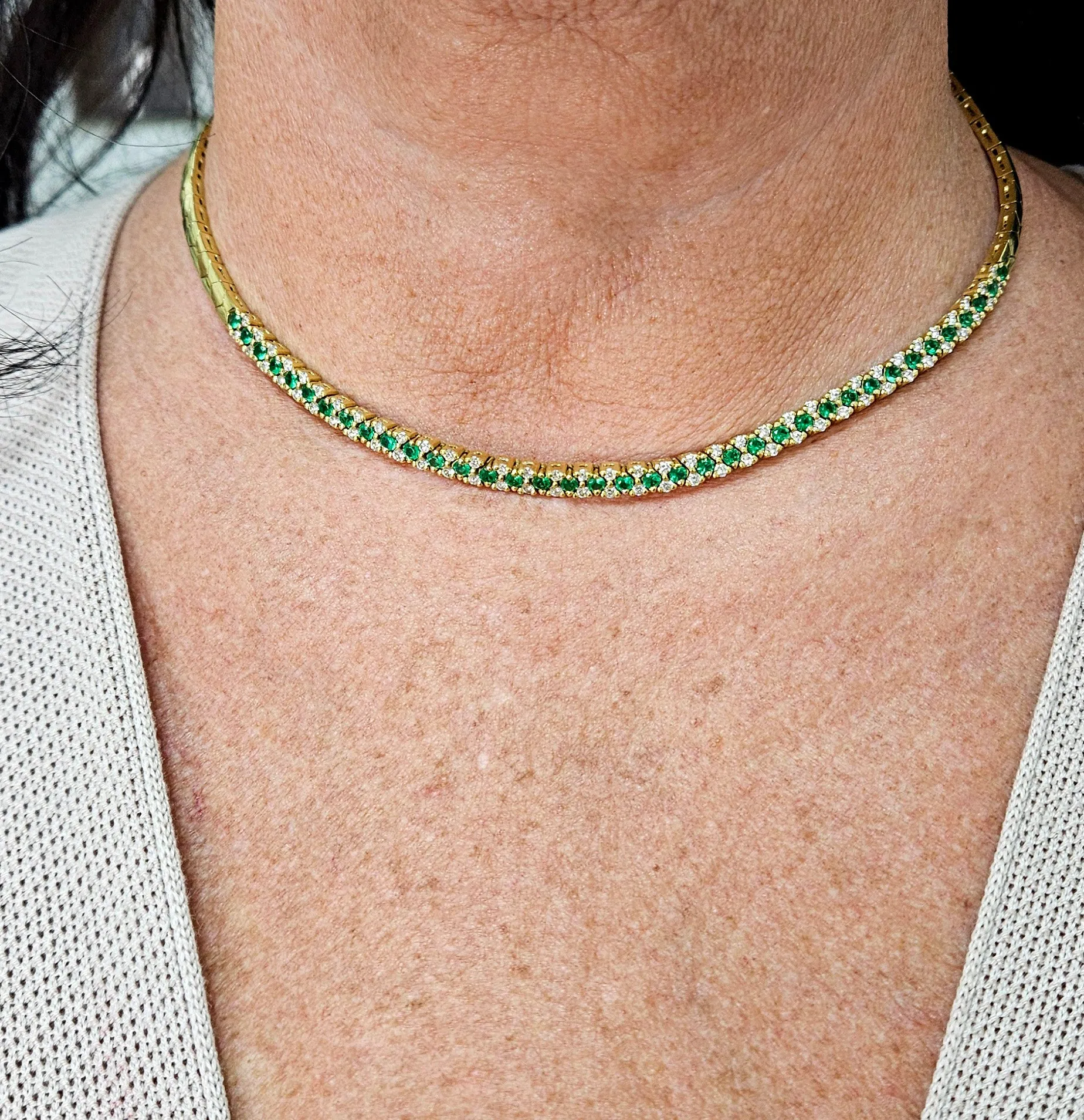 18K Gold Estate Vintage 4.43ctw Natural Emerald & Diamond Collar Necklace