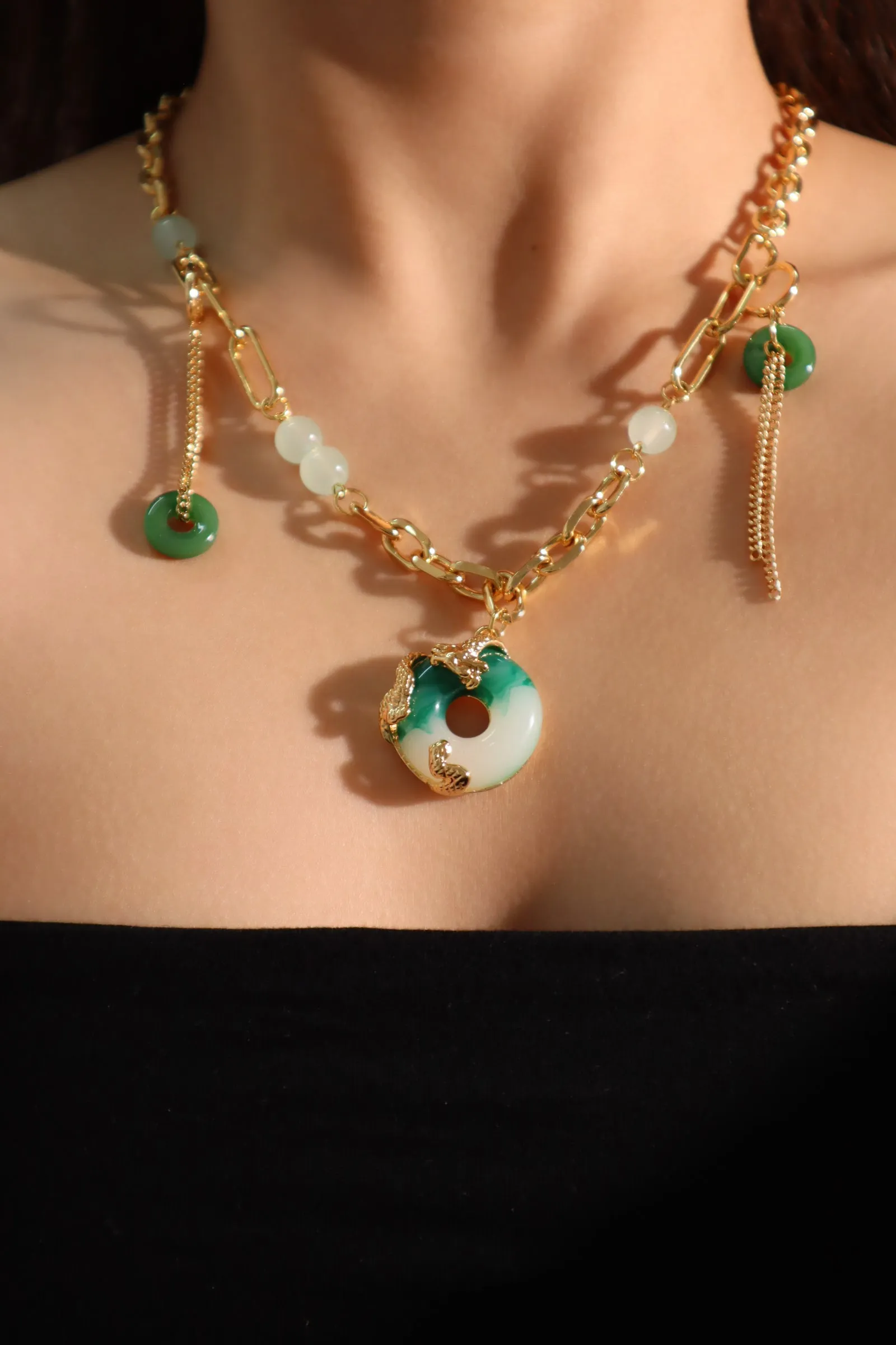 18K Real Gold Plated Jade Dragon Necklace  (EARRINGS INCLUDED)