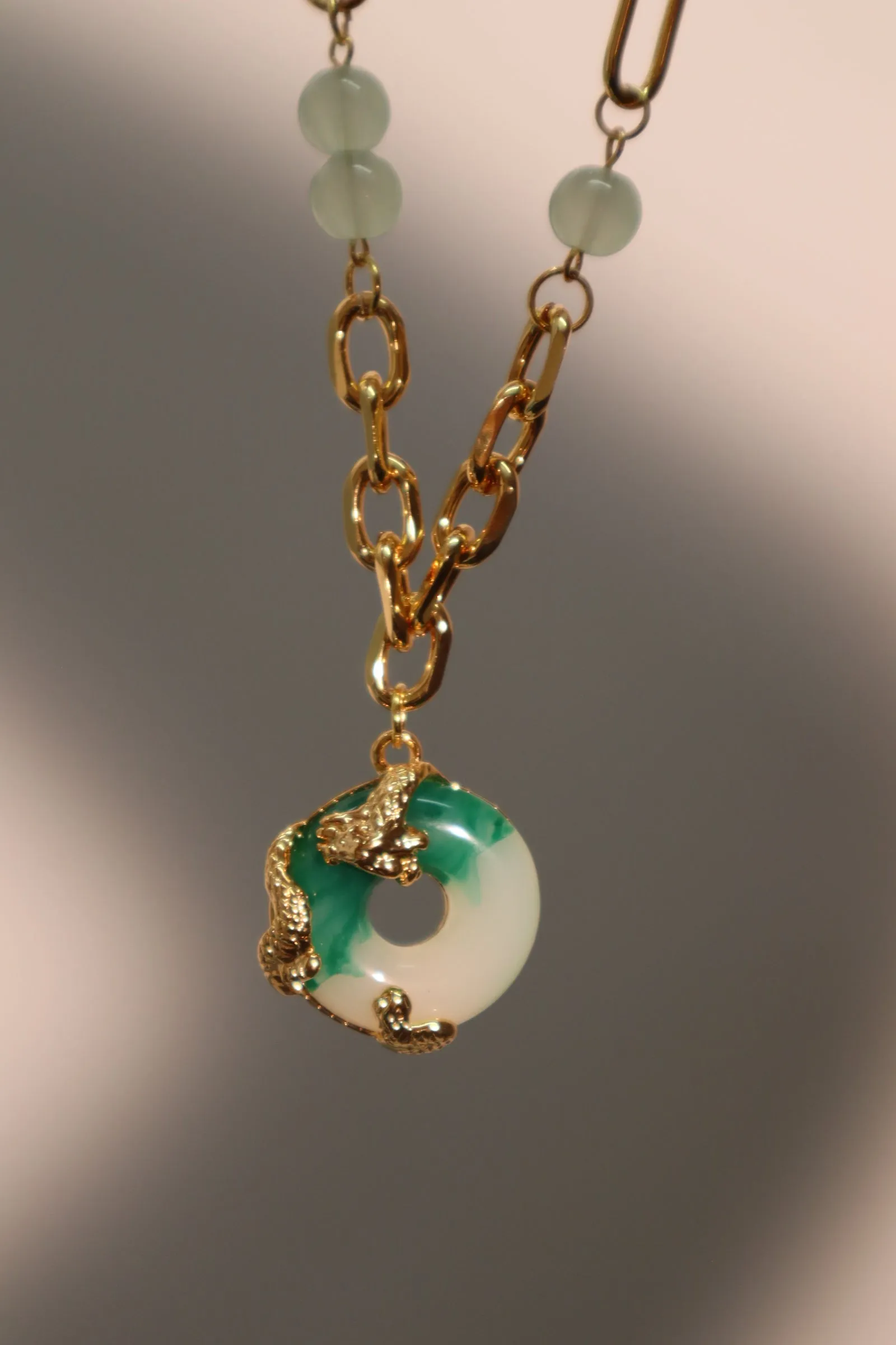 18K Real Gold Plated Jade Dragon Necklace  (EARRINGS INCLUDED)