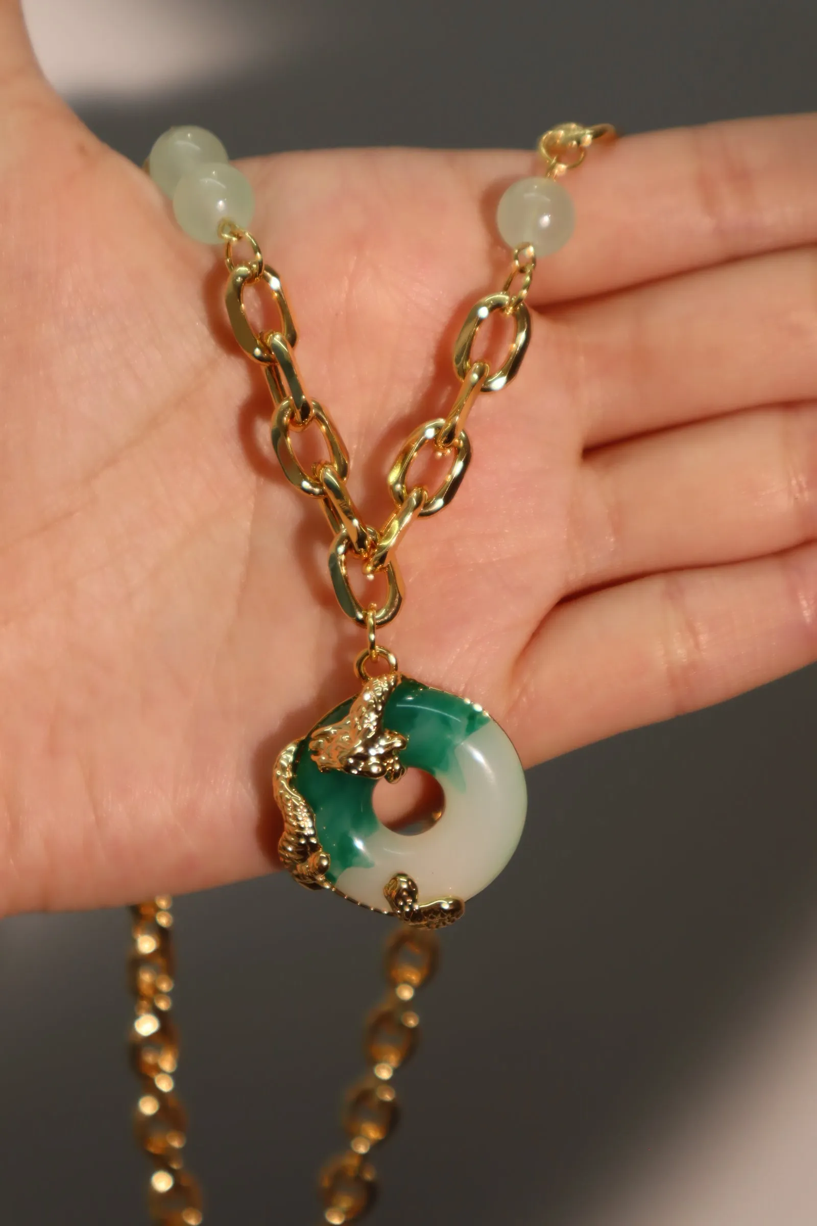 18K Real Gold Plated Jade Dragon Necklace  (EARRINGS INCLUDED)