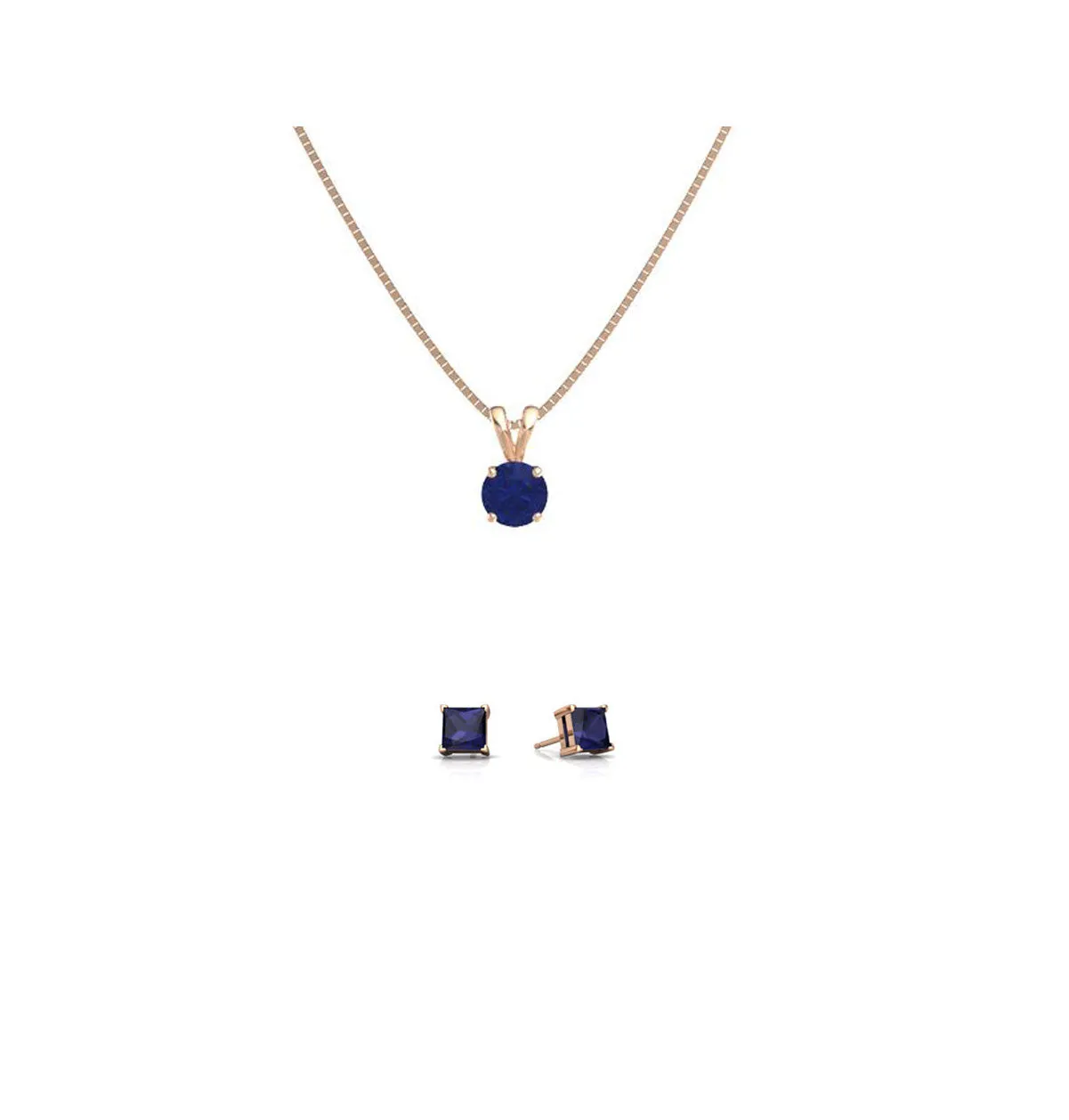 18K Rose Gold 1/2ct Blue Sapphire Round 18 Inch Necklace and Square Earrings Set Plated