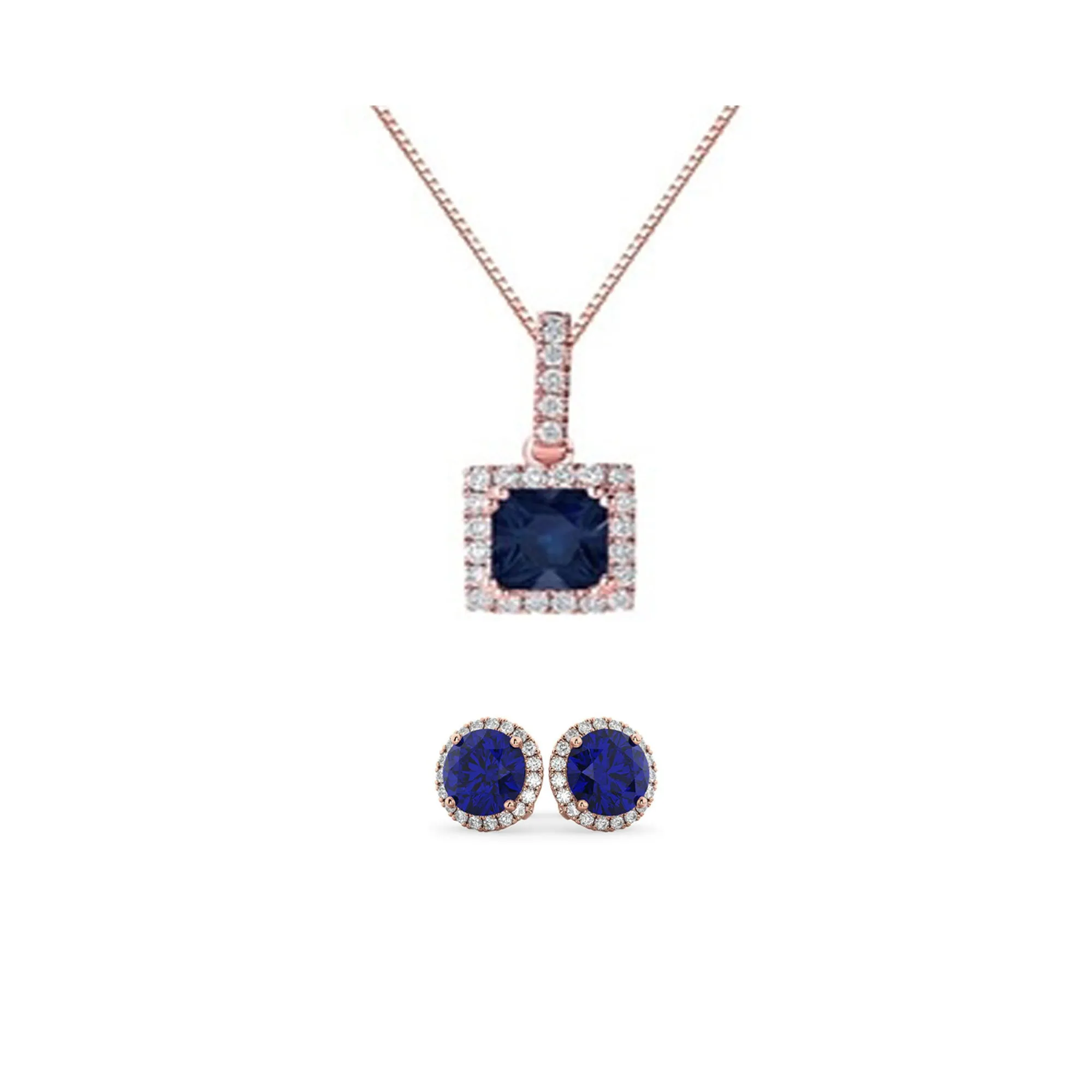 18K Rose Gold 1/2ct Halo Blue Sapphire Square 18 Inch Necklace and Halo Round Earrings Set Plated