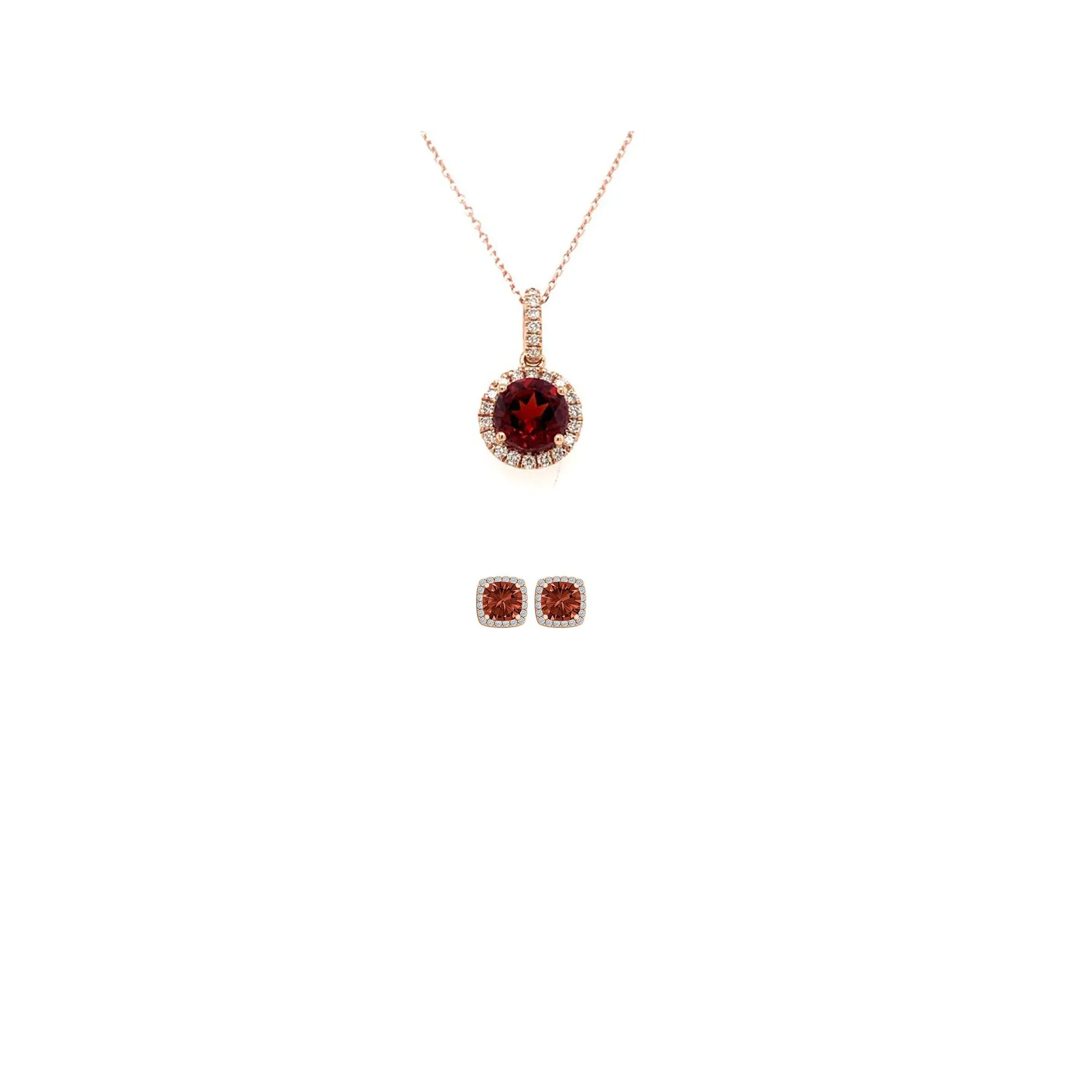 18K Rose Gold 1ct Halo Garnet Round 18 Inch Necklace and Halo Square Earrings Set Plated