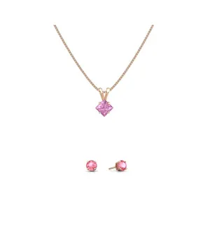 18K Rose Gold 3ct Pink Sapphire Square 18 Inch Necklace and Round Earrings Set Plated