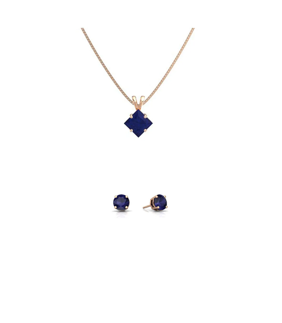 18K Rose Gold 4ct Blue Sapphire Square 18 Inch Necklace and Round Earrings Set Plated