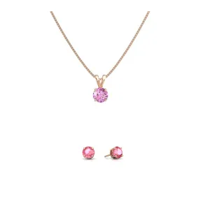 18K Rose Gold 4ct Pink Sapphire Round 18 Inch Necklace and Earrings Set Plated