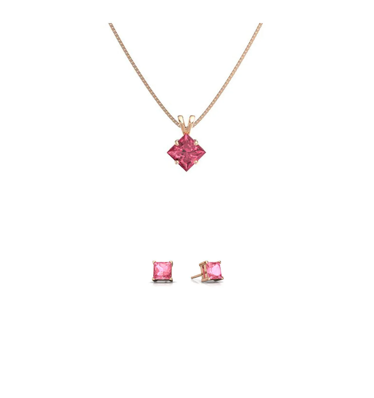 18K Rose Gold 4ct Pink sapphire Square 18 Inch Necklace and Earrings Set Plated