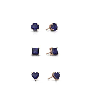 18k Rose Gold Plated 6mm Created Blue Sapphire 3 Pair Round, Square and Heart Stud Earrings