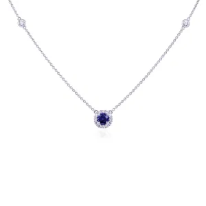 18K WHITE GOLD BLUE SAPPHIRE AND DIAMOND HALO NECKLACE