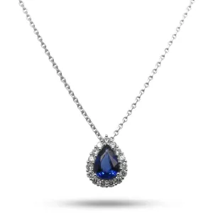 18k White Gold Pear Sapphire & Diamond Halo Necklace