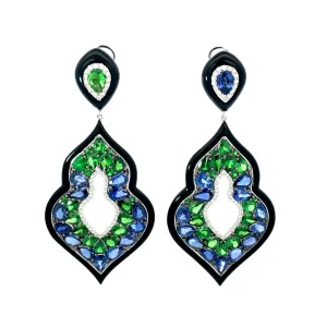 18K White Gold Sapphire, Tsavorite and Onyx Drop Earrings