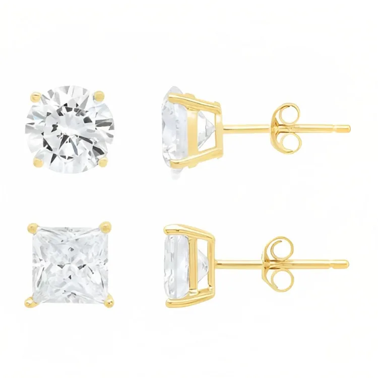 18k Yellow Gold 2 Pair Moissanite Round & Princess Cut Stud Earrings Plated 6mm By Paris Jewelry