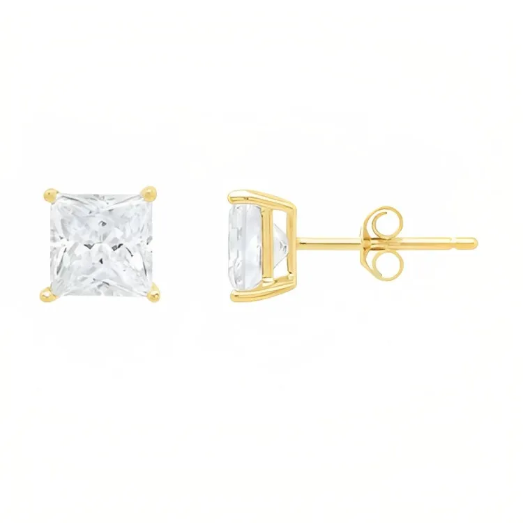 18k Yellow Gold 2 Pair Moissanite Round & Princess Cut Stud Earrings Plated 6mm By Paris Jewelry