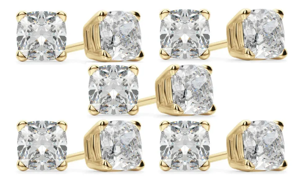 18k Yellow Gold 2Ct Cushion Cut White Sapphire Set Of Five Stud Earrings Plated