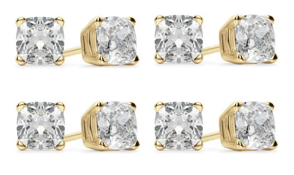 18k Yellow Gold 2Ct Cushion Cut White Sapphire Set Of Four Stud Earrings Plated