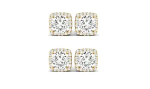 18k Yellow Gold 2Ct Cushion Cut White Sapphire Set Of Two Halo Stud Earrings Plated