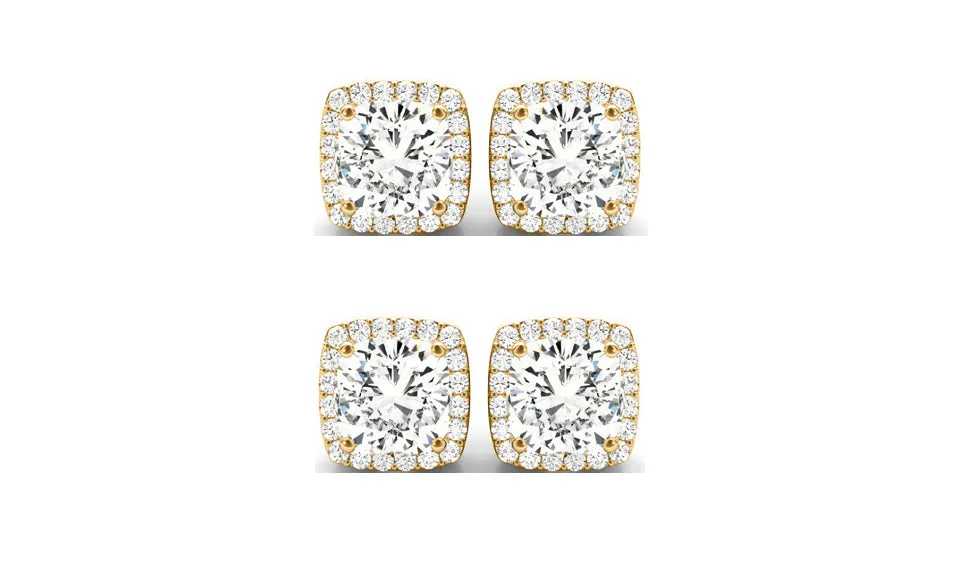 18k Yellow Gold 2Ct Cushion Cut White Sapphire Set Of Two Halo Stud Earrings Plated