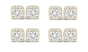 18k Yellow Gold 3Ct Cushion Cut White Sapphire Set Of Four Halo Stud Earrings Plated