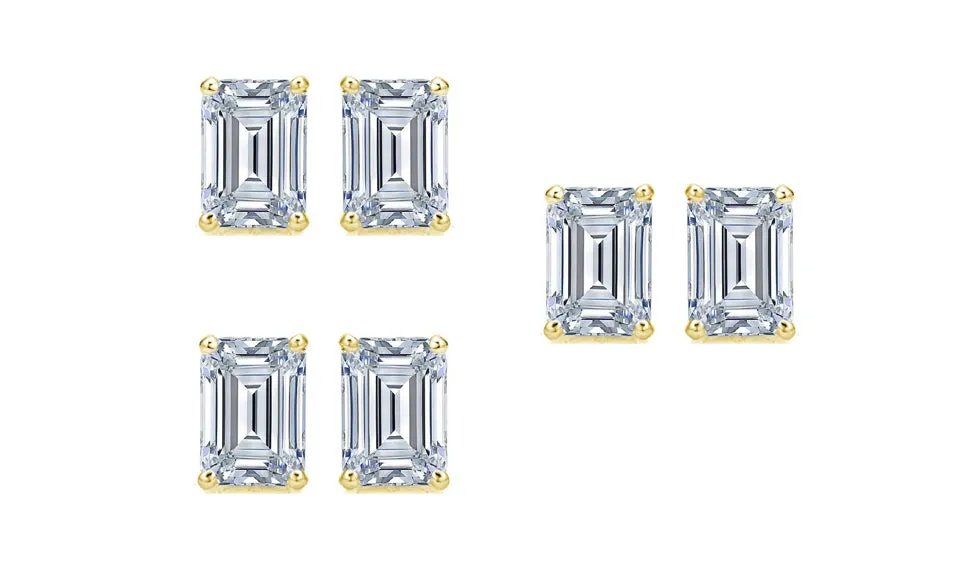 18k Yellow Gold 4Ct Emerald Cut White Sapphire Set Of Three Stud Earrings Plated