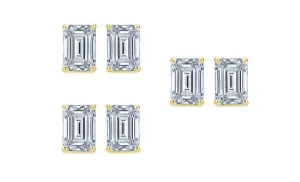 18k Yellow Gold 4Ct Emerald Cut White Sapphire Set Of Three Stud Earrings Plated