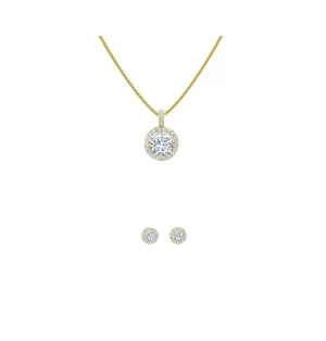 18K Yellow Gold 4ct Halo White Sapphire Round 18 Inch Necklace and Halo Earrings Set Plated